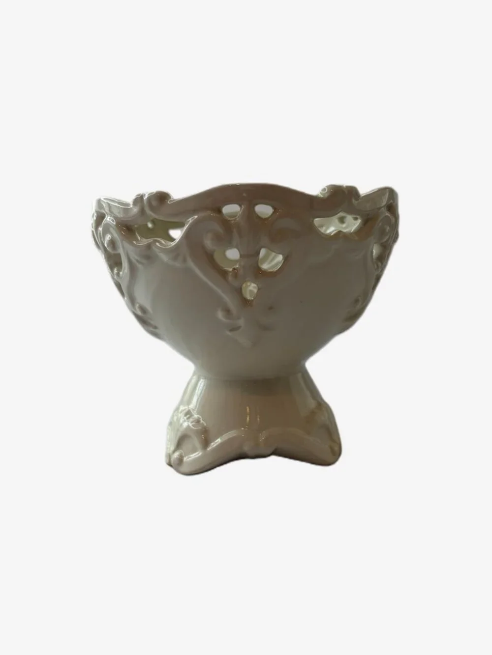 Vintage Cream Pedestal Bowl Pierced Openwork Rim Ornate Footed Compote MCM